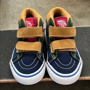 Vans Blue and Tan SK8-Mid Sneakers with Velcro Straps